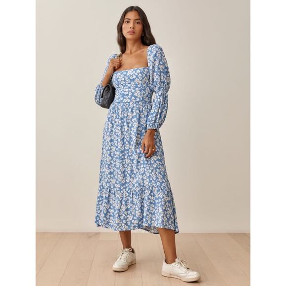Reformation Mica Square Neck Floral Midi Dress in Daniella Blue White Size 4 - Picture 1 of 8